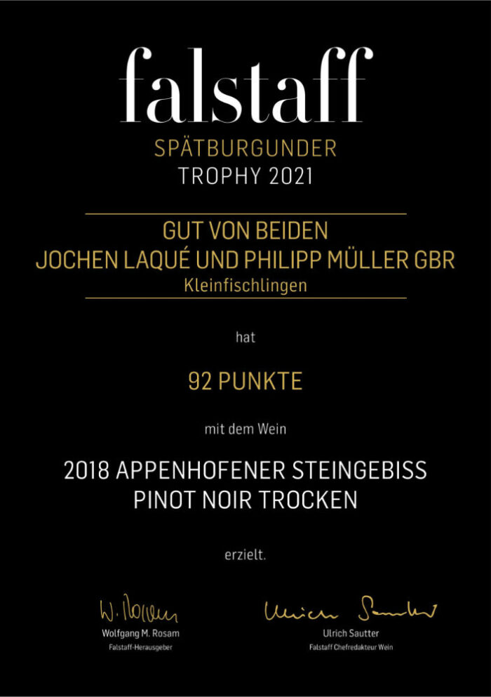 Falstaff Urkunde Appenhofener Steingebiss Pinot Noir trocken 2018